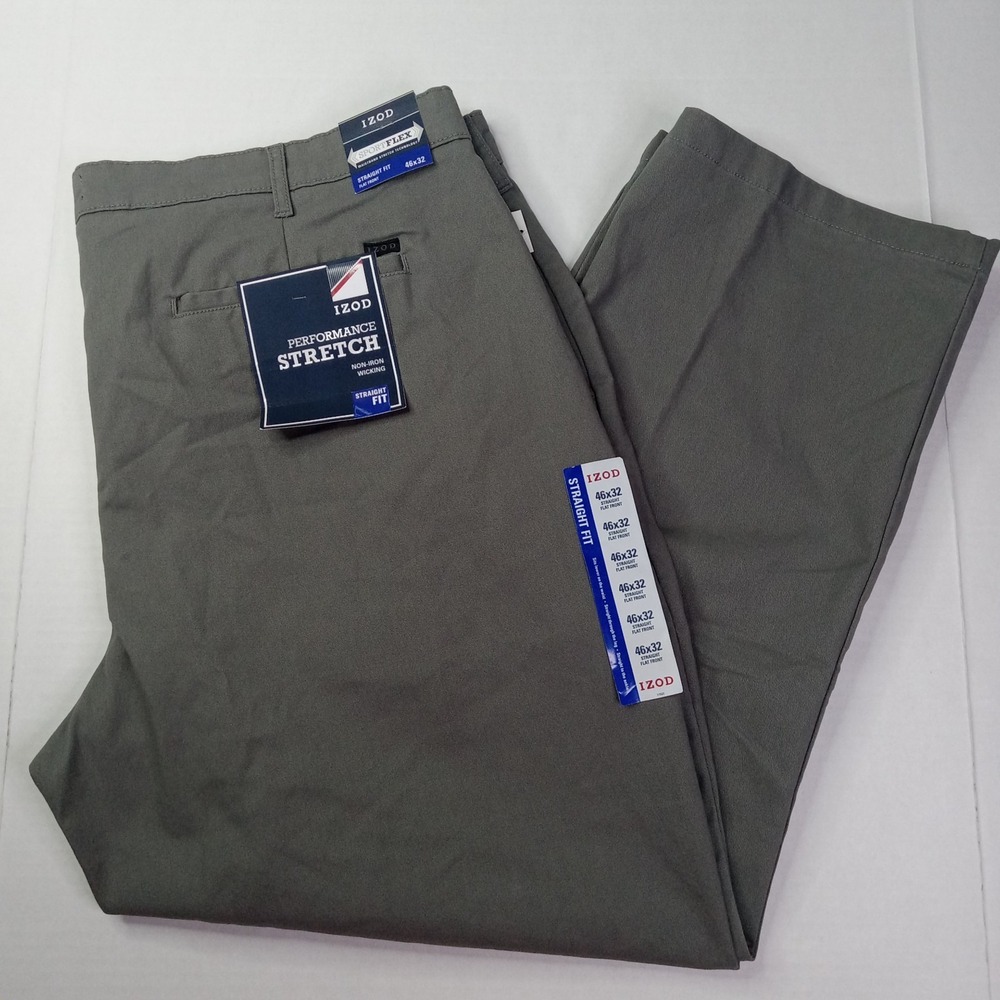 Izod Performance Plus Stretch Pants Men's Size 46x32 Gray Flat Front Big & Tall